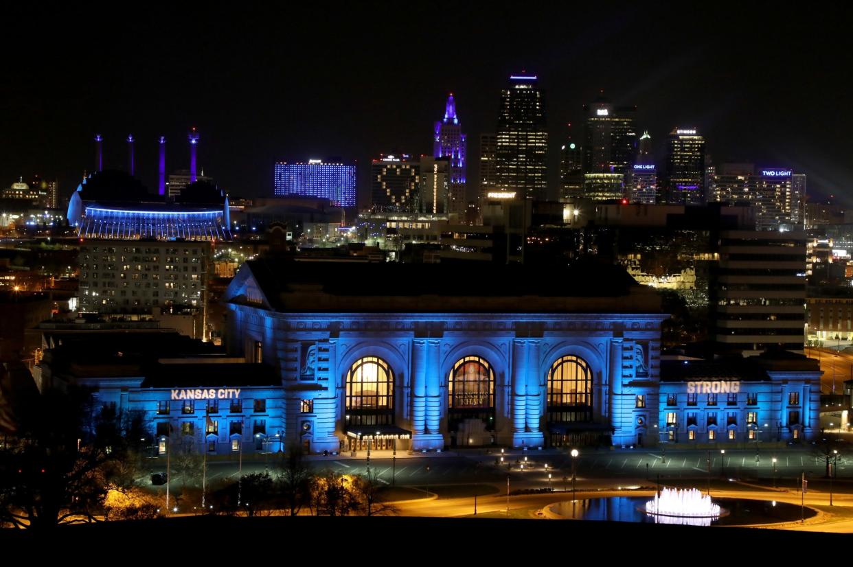 Downtown Kansas City, MO is lit up in blue as a tribute to first responders during the coronavirus outbreak: Getty Images