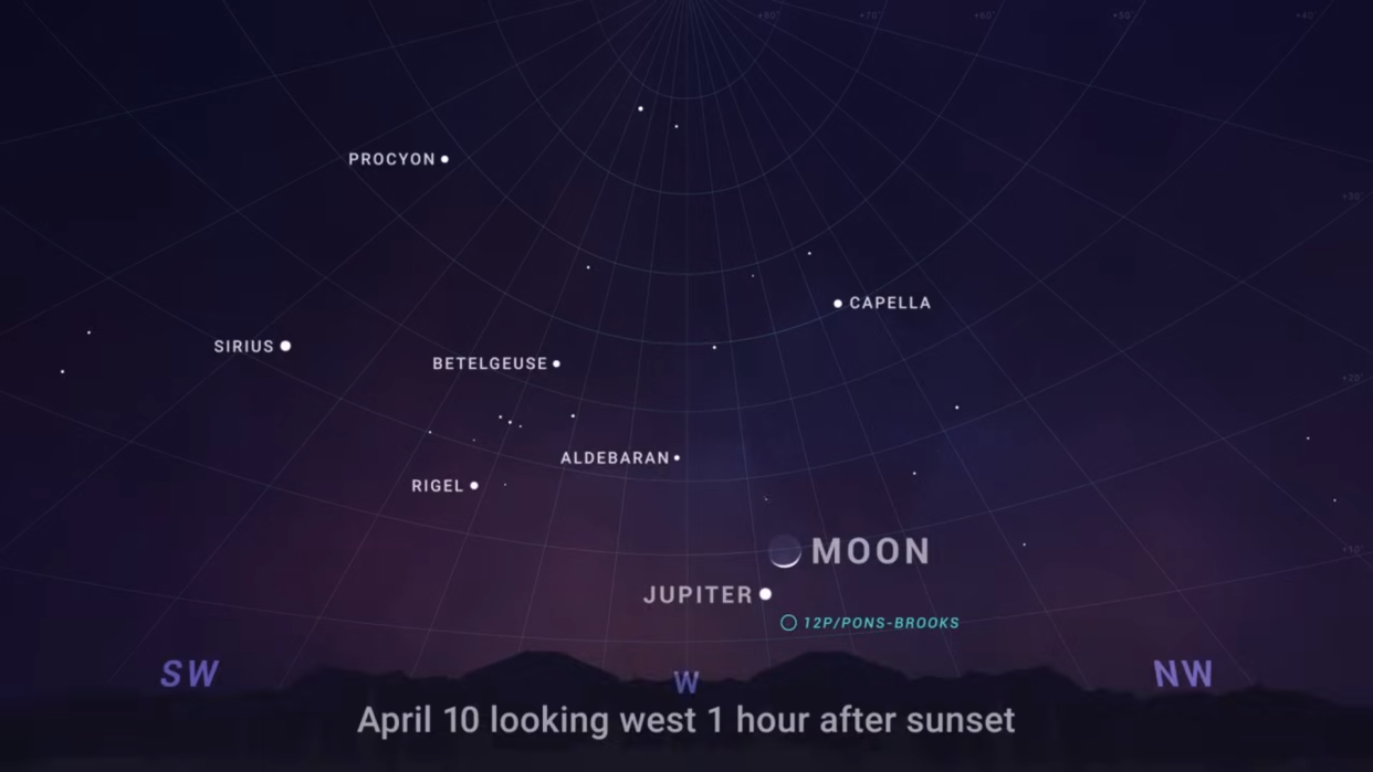  A NASA sky map showing the location of Jupiter near the crescent moon 1 hour after sunset on April 10, 2024. 