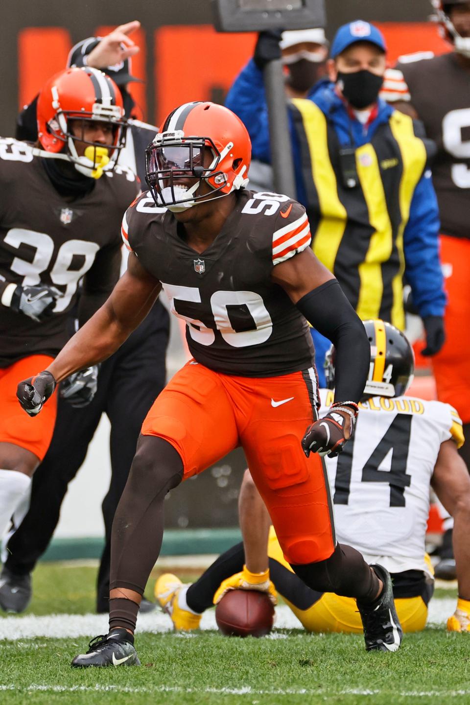 Browns linebacker Jacob Phillips, who has missed the whole season since suffering a torn biceps in training camp, has returned to practice. [Ron Schwane/Associated Press]