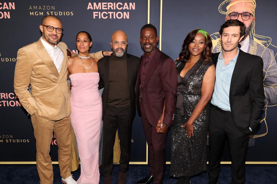 LOS ANGELES, CALIFORNIA - DECEMBER 05: (L-R) Cord Jefferson, Tracee Ellis Ross, Jeffrey Wright, Sterling K. Brown, Erika Alexander and Adam Brody attend the Los Angeles Premiere of MGM's 