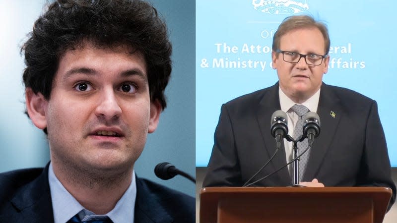 FTX founder Sam Bankman-Fried in a file photo from May 2022 (left) and Bahamas Attorney General L. Ryan Pinder in a Facebook video stream Sunday night (right).