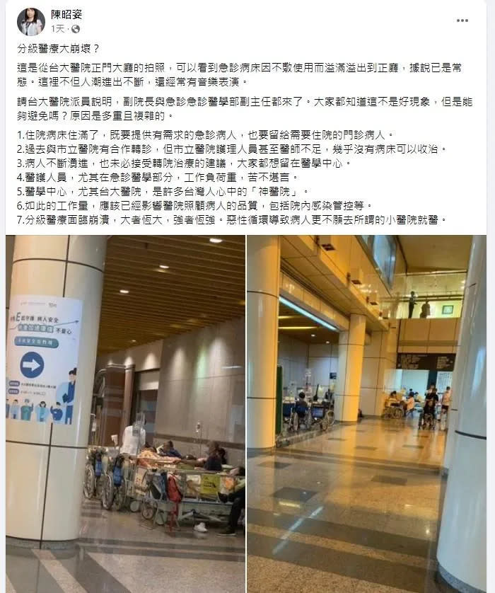 <strong>民眾黨立委陳昭姿談台大醫院急診壅塞、等候病患滿到大廳的狀況。（圖／</strong><a href="https://www.facebook.com/Janice.chen.142?__cft__[0]=AZWsUKz28r_L5NkCSaE0rEVRgh0FzDJe666dLI6TqxgmqperazISYVTiSI5u5InM6-zhhyu8SOi5afp8xetojpvqNCyBnmBGF1LrNER8SUEJjvDyPBGsu6tO57Qc8-UuMWo&__tn__=-UC%2CP-R" rel="nofollow noopener" target="_blank" data-ylk="slk:陳昭姿;elm:context_link;itc:0;sec:content-canvas" class="link "><strong>陳昭姿</strong></a><strong>Facebook）</strong>