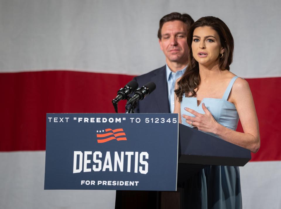 Casey DeSantis, wife of Republican presidential candidate Florida Gov. Ron DeSantis, speaks during a campaign event in Clive, Tuesday, May 30, 2023. 