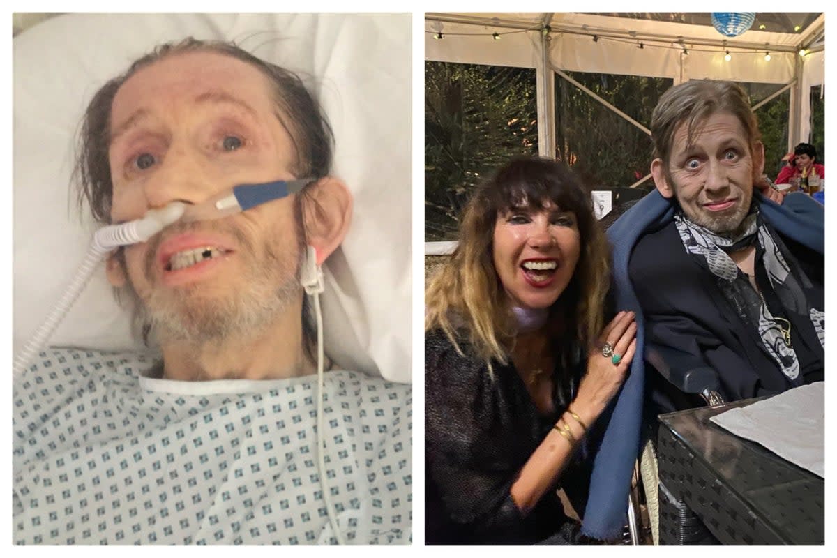 Shane MacGowan pictured left in hospital. Pictured right with wife Victoria Mary Clarke in 2022 (X/Instagram/Victoria Mary Clarke)