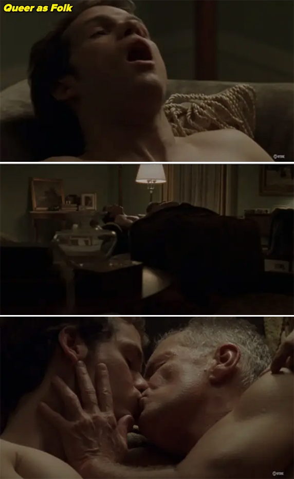 Collage of three intimate scenes from Queer as Folk: a shirtless young man reclining, two men embracing in bed, two men kissing