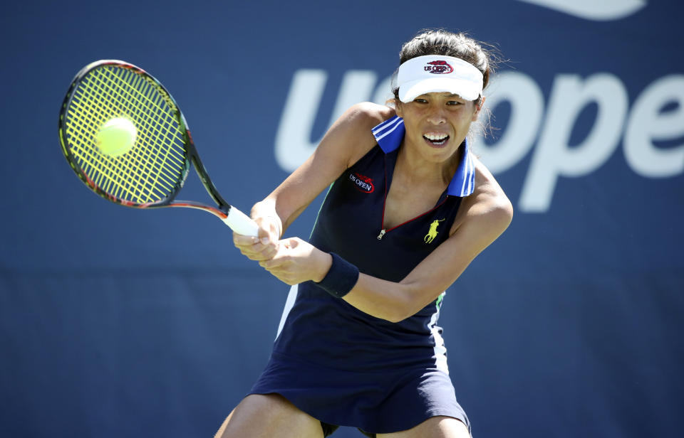 Su-Wei Hsieh, of Taiwan, returns a shot to Jana Cepelova, of Slovakia, during the first round of the US Open tennis tournament Monday, Aug. 26, 2019, in New York. (AP Photo/Michael Owens)