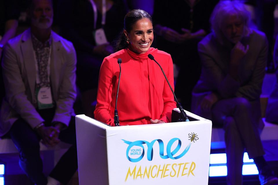 Meghan, Duchess of Sussex makes the keynote speech during the Opening Ceremony of the One Young World Summit 2022