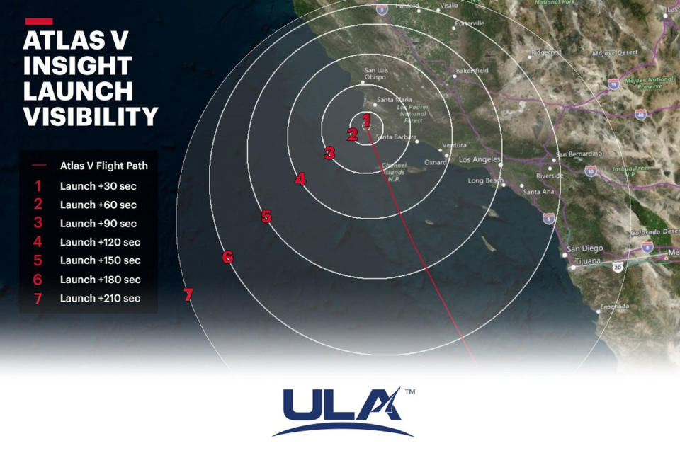 NASA's InSight Mars lander launch may be visible to millions of spectators across Southern California during its predawn launch in May 2018. This United Launch Alliance map shows the range of visibility for the launch. <cite>United Launch Alliance</cite>