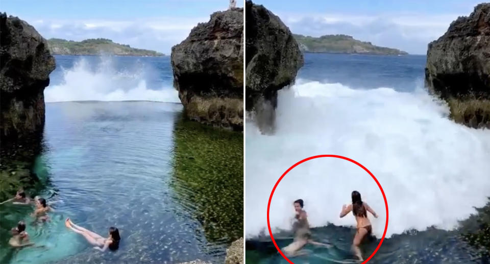 A group of girls are hit by a wave at Angel Billabong in Bali. 