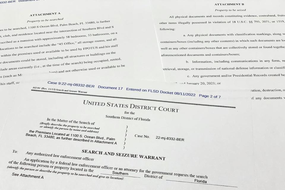 A judge unsealed a search warrant that shows that the FBI is investigating Donald Trump for a possible violation of the Espionage Act. <a href="https://newsroom.ap.org/detail/APTOPIXTrumpFBI/101838a380e34baeb9395b5ccc3ae49d/photo?Query=Trump%20warrant&mediaType=photo&sortBy=arrivaldatetime:desc&dateRange=Anytime&totalCount=201&currentItemNo=1" rel="nofollow noopener" target="_blank" data-ylk="slk:AP Photo/Jon Elswick;elm:context_link;itc:0;sec:content-canvas" class="link ">AP Photo/Jon Elswick</a>