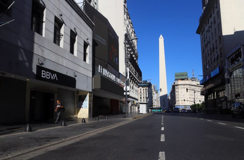 The Buenos Aires Obelisk is pictured from empty Corrientes avenue after Argentina's President Alberto Fernandez announced a mandatory quarantine as a measure to curb the spread of coronavirus disease (COVID-19), in Buenos Aires