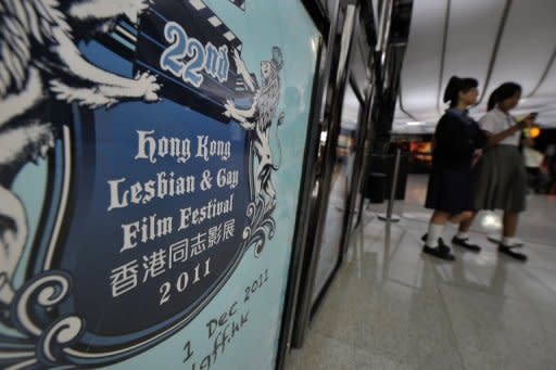 A poster for the 22nd Hong Kong Lesbian and Gay Film Festival (HKLGFF) is seen at a cinema in Hong Kong, on November 18. The HKLGFF offers new work from Malaysia, Thailand and Vietnam and throwing a light on the challenges sexual minorities face around Asia
