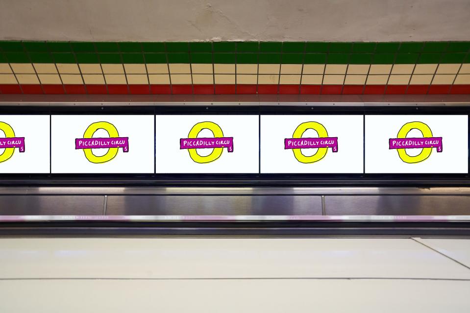 The Piccadilly Circus Tube roundel, reimagined by David HockneyGLA