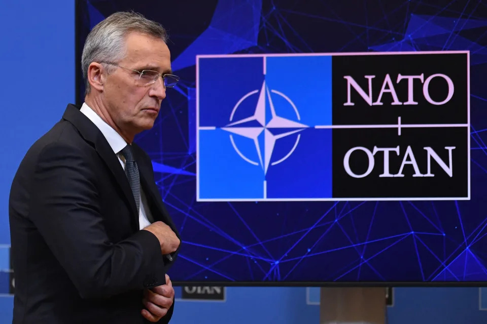 NATO Secretary General Jens Stoltenberg gestures as he gives a statement on Russia&#39;s attack on Ukraine, at NATO headquarters in Brussels on February 24, 2022. - Russia&#39;s President Vladimir Putin has launched a military operation in Ukraine on February 24, 2022 after weeks of intense diplomacy and the imposition of Western sanctions on Russia that failed to deter him. (Photo by JOHN THYS / AFP) (Photo by JOHN THYS/AFP via Getty Images)