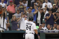 Detroit Tigers' Miguel Cabrera points to fans after hitting a solo home run against the Boston Red Sox in the second inning of a baseball game in Detroit, Tuesday, Aug. 3, 2021. (AP Photo/Paul Sancya)