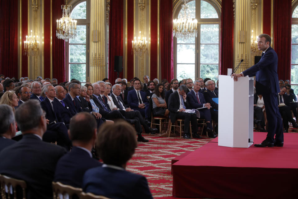 French President Emmanuel Macron delivers a speech during the annual French ambassadors' conference at the Elysee Palace in Paris, France, Monday, Aug. 27, 2018. (Philippe Wojazer/Pool Photo via AP)