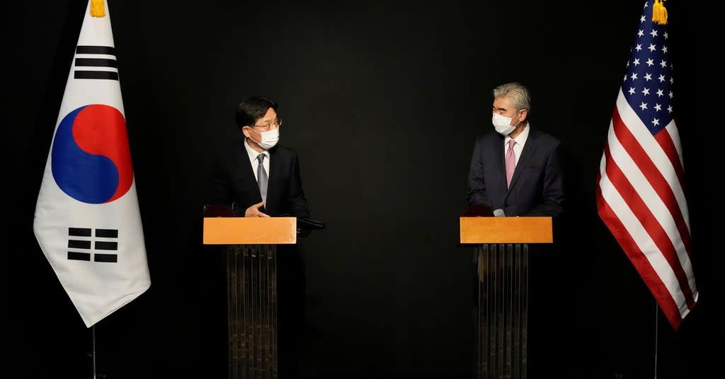 File: US special representative for North Korea, Sung Kim and Noh Kyu-duk, South Korea’s special representative for Korean Peninsula Peace and Security Affairs, attend a briefing after their meeting at a hotel in Seoul (Reuters)