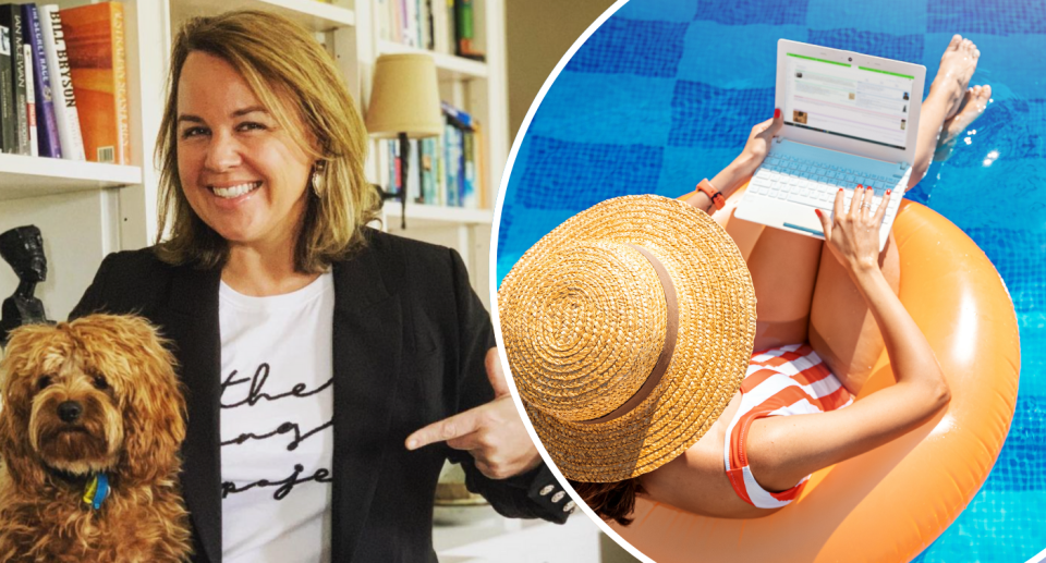  Carman's Kitchens founder Carolyn Creswell next to insert of woman on her laptop in the pool
