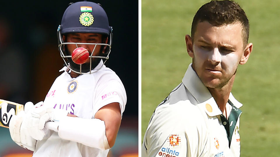 Cheteshwar Pujara shrugged off a sledge from Josh Hazlewood moments after being hit on the helmet by a short ball. Pictures: Getty Images