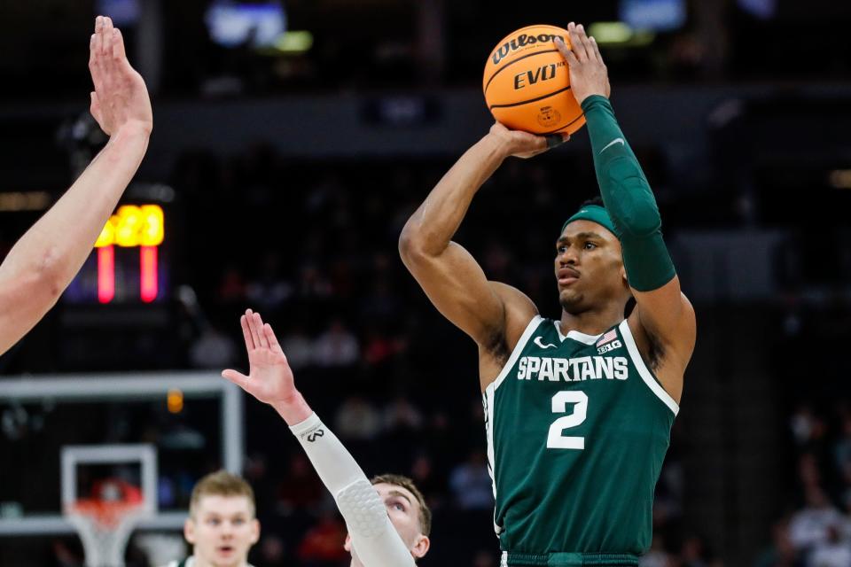 Michigan State guard Tyson Walker (2) makes a jump shot against Purdue during the first half of quarterfinal of Big Ten tournament at Target Center in Minneapolis, Minn. on Friday, March 15, 2024.