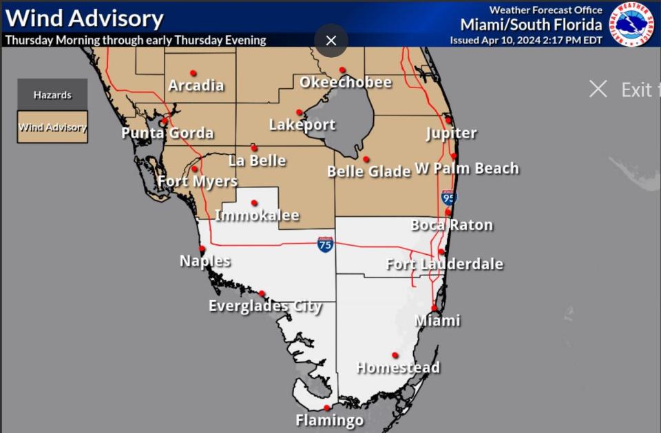 A wind advisory is in effect for Palm Beach County from 10 a.m. to 8 p.m. April 11.