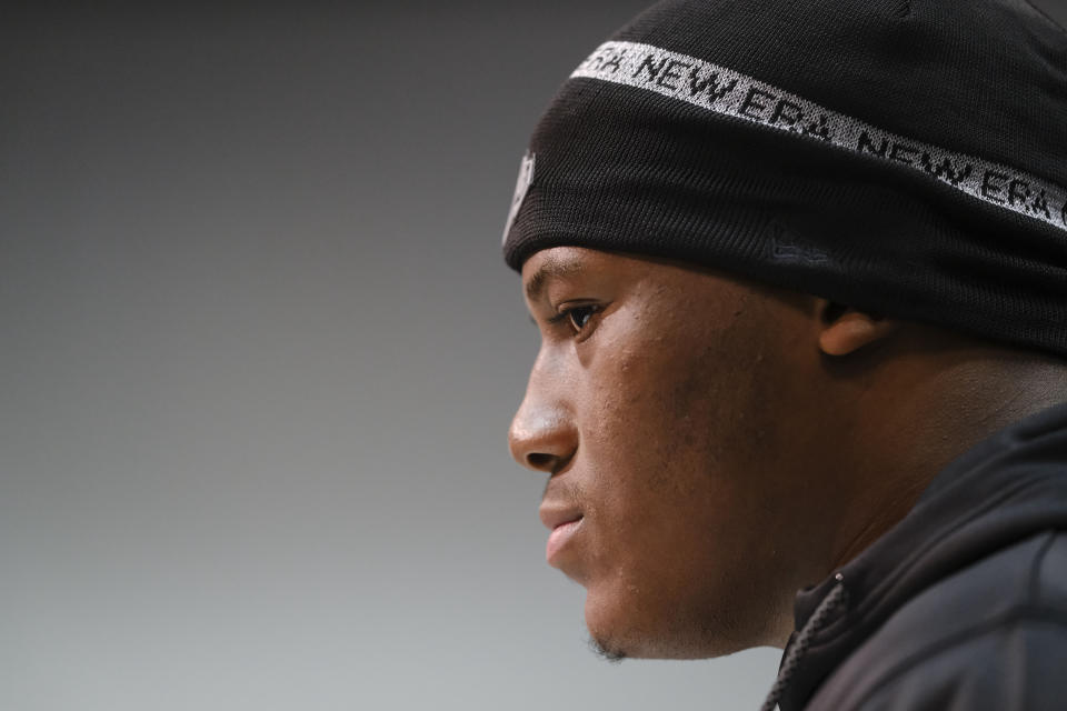 Auburn defensive lineman Derrick Brown listens during a press conference at the NFL football scouting combine in Indianapolis, Thursday, Feb. 27, 2020. (AP Photo/AJ Mast)