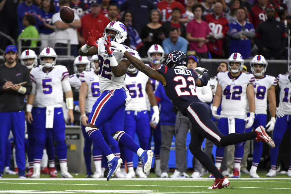 Buffalo Bills wide receiver Duke Williams (82) reaches to catch a pass as Houston Texans cornerback Gareon Conley (22) defends during the first half of an NFL wild-card playoff football game Saturday, Jan. 4, 2020, in Houston. (AP Photo/Eric Christian Smith)