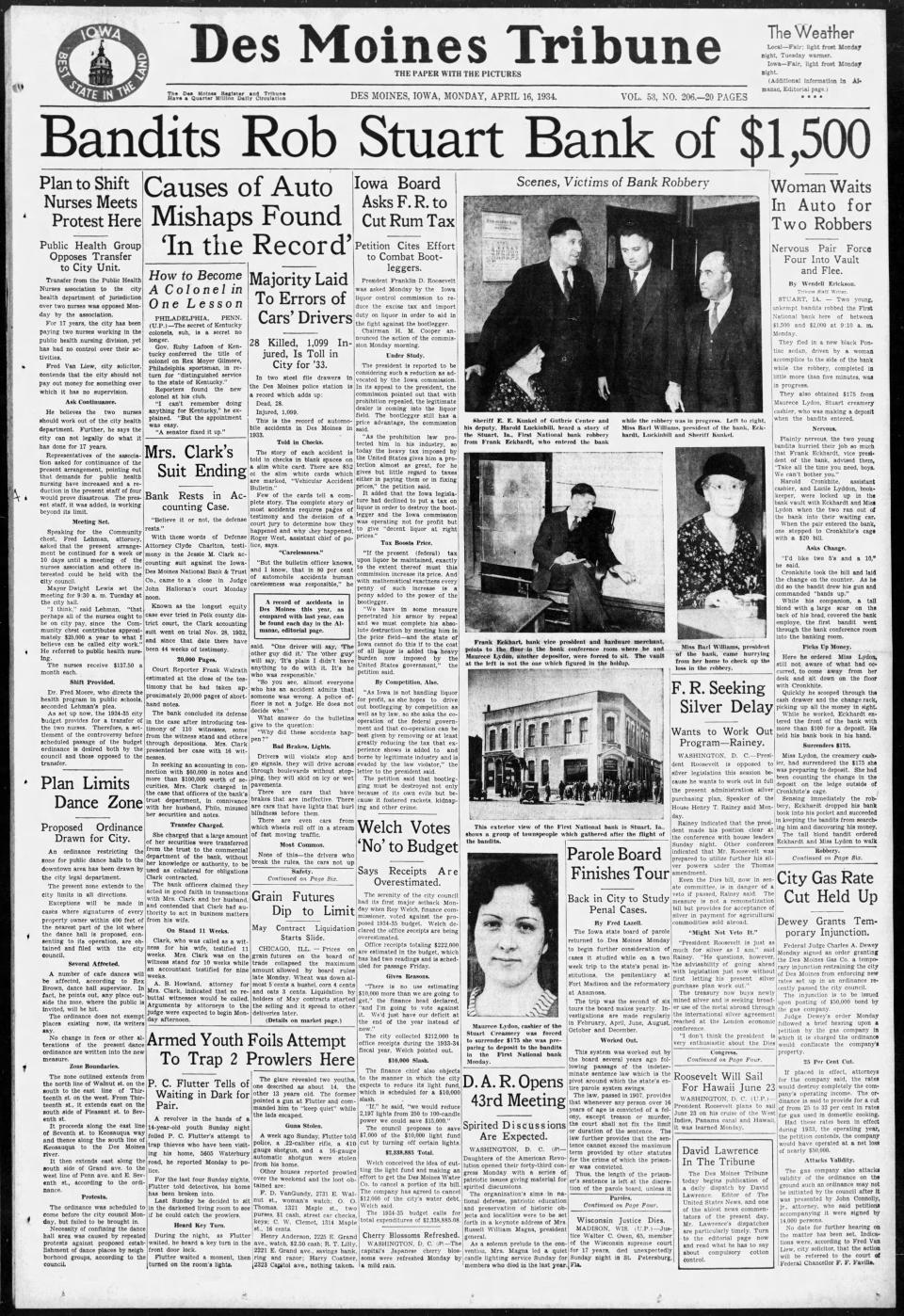 The front page of the April 16, 1934, issue of the Des Moines Register and Tribune details the robbery of a Stuart bank by the Barrow Gang.