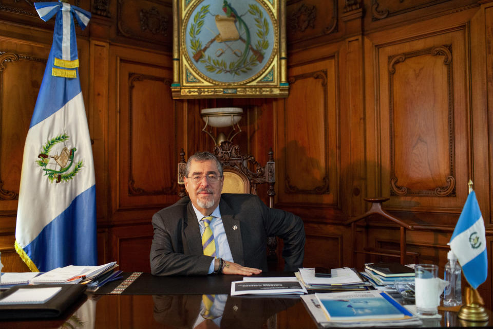 Guatemalan President Bernardo Arévalo poses for photos during an interview at the National Palace in Guatemala City, Thursday, Feb. 1, 2024. (AP Photo/Sandra Sebastian)