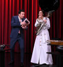 <p>Host Jimmy Fallon and Maggie Gyllenhaal take on the Random Instrument Challenge on <em>The Tonight Show</em> in N.Y.C. on Jan. 11.</p>