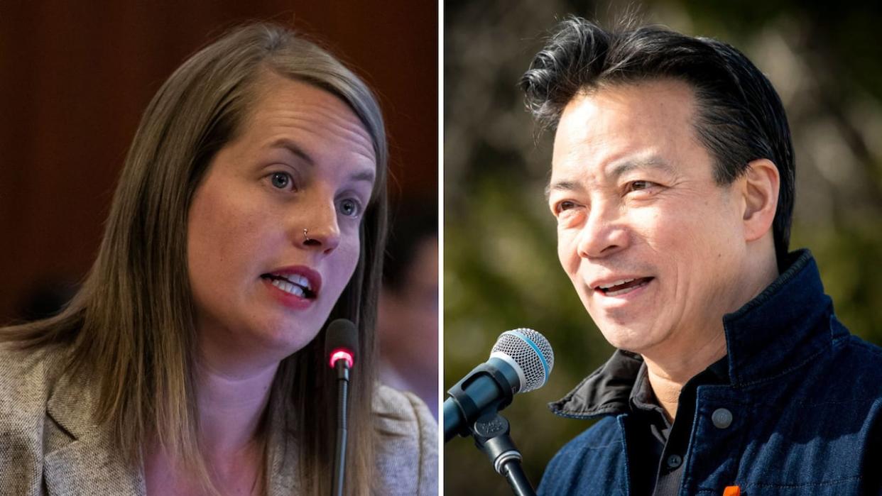 There have been two code of conduct investigations at Vancouver City Hall in 2023 instigated by Mayor Ken Sim, right, involving Coun. Christine Boyle. (Ben Nelms/CBC - image credit)