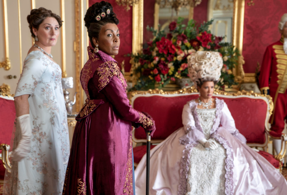 bridgerton l to r ruth gemmell as lady violet bridgerton, adjoa andoh as lady danbury, golda rosheuvel as queen charlotte in episode 206 of bridgerton cr liam danielnetflix copyright 2022