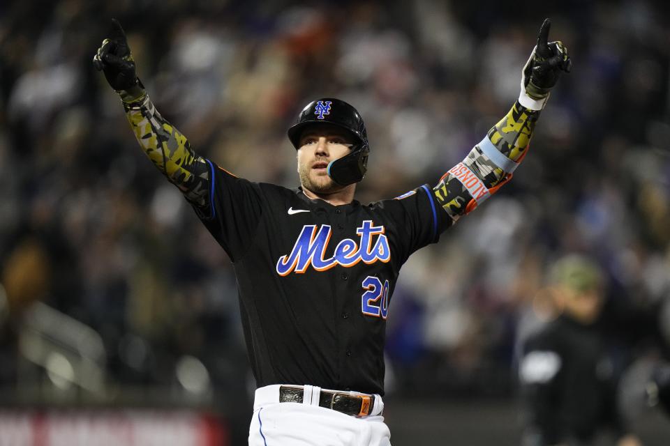 New York Mets' Pete Alonso celebrates after hitting a grand slam during the seventh inning of a baseball game against the Cleveland Guardians, Friday, May 19, 2023, in New York. (AP Photo/Frank Franklin II)