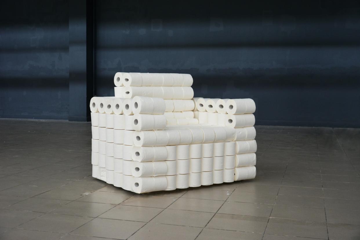 <p>Things that were once commonplace have now become noteworthy - this Corona Lockdown Armchair was created from almost 500 toilet rolls</p> (Diana Sokolic and Karla Kocijan via Design in Quarantine)