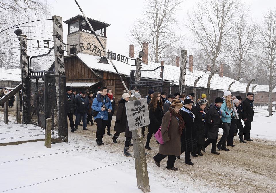 Former prisoners and their guests arrive for the ceremony marking the 74th anniversary of the liberation of KL Auschwitz-Birkenau, in Oswiecim, Poland, Sunday, Jan. 27, 2019.(AP Photo/Czarek Sokolowski)