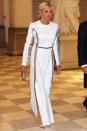 <p>Wearing a white Louis Vuitton gown with silver detailing for a state dinner at Christiansborg Palace in Copenhagen. </p>