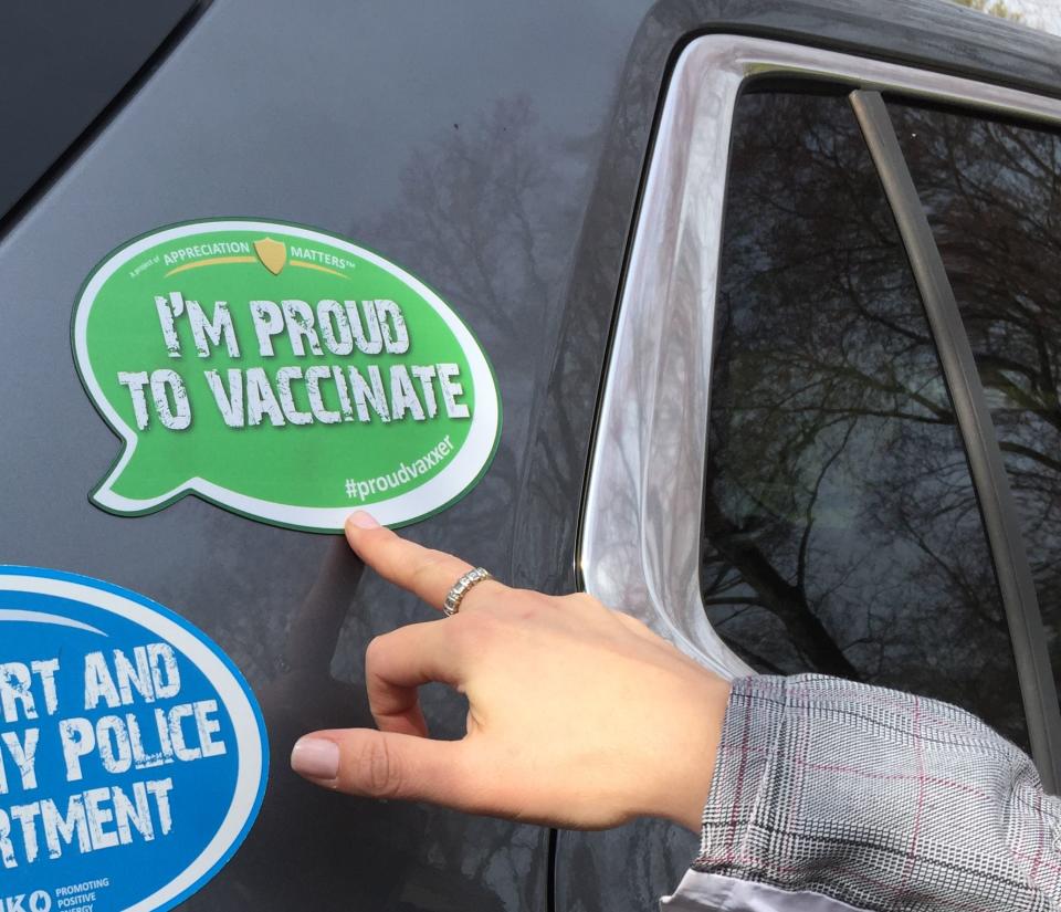 Shoshana Bernstein has "Proud to Vaccinate" magnet on her car to illustrate that not all Orthodox Jews are against vaccinations in Monsey April 12, 2019.