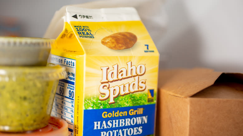 Carton of Idaho Spuds hash browns