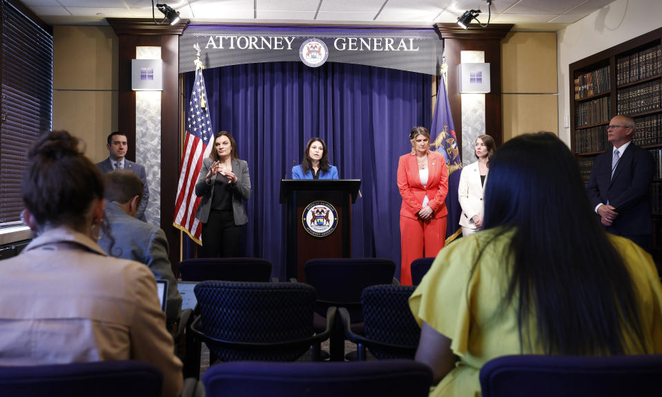 Michigan Attorney General Dana Nessel talks about charging former House Speaker Lee Chatfield, Tuesday, April 16, 2024, in Lansing, Mich. Prosecutors charged Chatfield and his wife with financial crimes Tuesday, alleging they milked political accounts for personal travel, housing and other benefits while the Republican lawmaker was raising millions of dollars from his powerful post. (Al Goldis/Detroit News via AP)