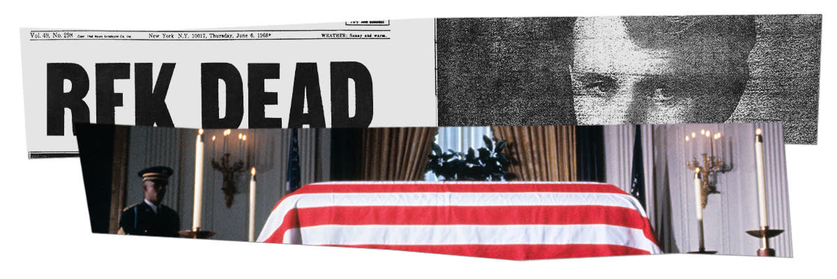 Photo collage of a newspaper headline and cover image of Robert F. Kennedy's assassination; the American flag-draped casket of President John F. Kennedy. (Getty Images; NBC News)