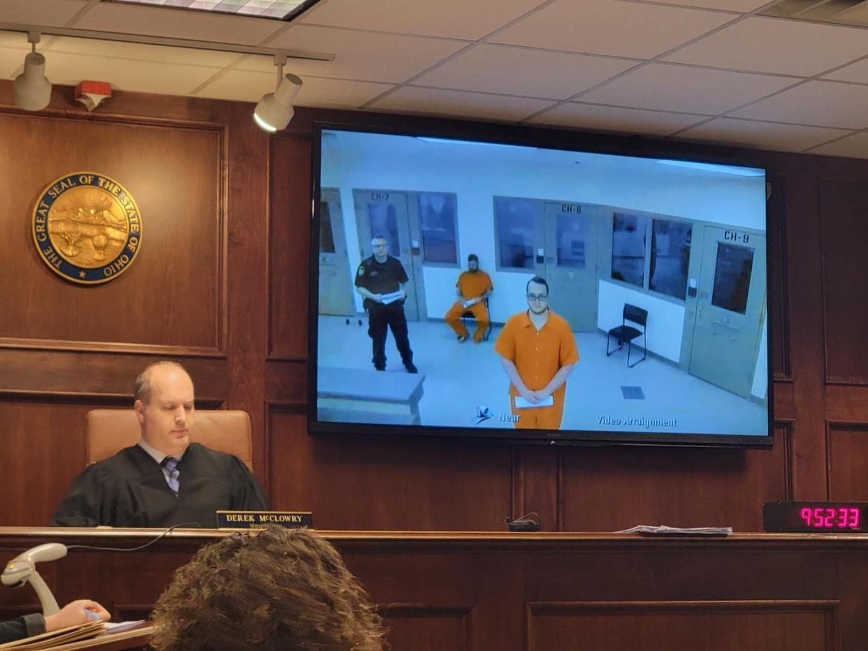 Brandon Savage appears Monday via video conference from the Stark County Jail for his arraignment in Canton Municipal Court in front of Magistrate Derek McClowry. Savage pleaded not guilty to complicity to kidnapping, a first-degree felony.