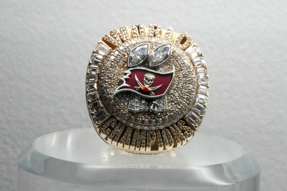 Feb 12, 2022; Los Angeles, CA, USA; A detailed view of a Super Bowl LV ring commemorating the Tampa Bay Buccaneers victory over the Kansas City Chiefs at Raymond James Stadium in Tampa, Fla., on Feb. 7, 2021. Mandatory Credit: Kirby Lee-USA TODAY Sports
