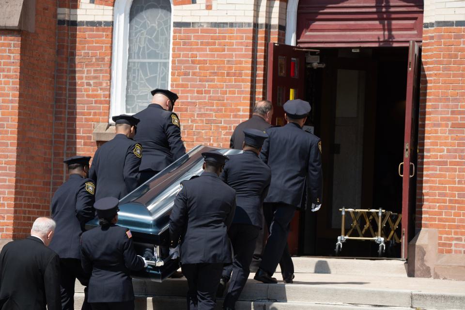 Mourners arrive for the funeral of Andrew Benavente and his two children, A.J., 13, and Madelyn, 5, at St. Michael's Parish Roman Catholic Church in Newark, NJ on Friday June 2, 2023. Benavente and his children died in a head on collision crash which also claimed the life of the driver of the vehicle who veered into his lane of traffic in Andover, NJ on May 26, 2023.