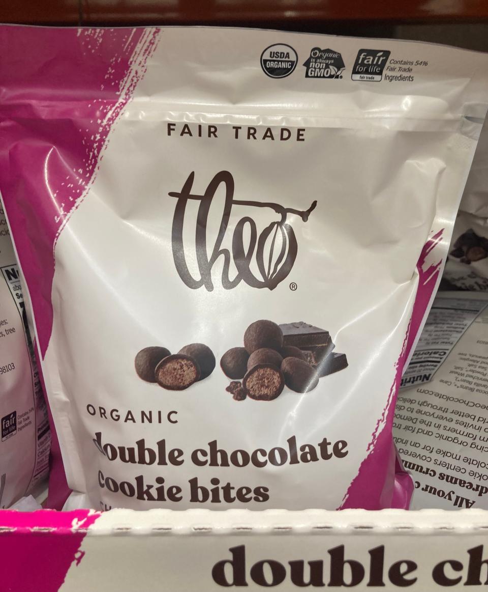 Fair Trader dark-chocolate cookie bites in pink and white bag