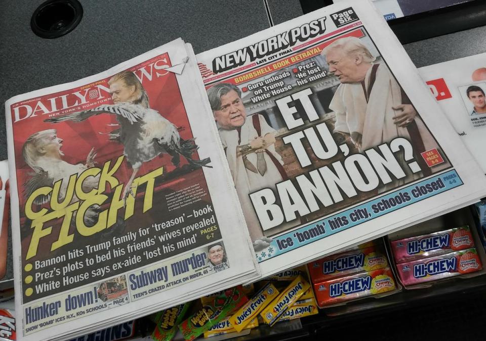 2018年1月4日，紐約八卦報紙以美國總統川普與前頭號策士巴農的惡鬥為封面頭條。兩人因新書爆料內容掀起口水戰。（東方IC）