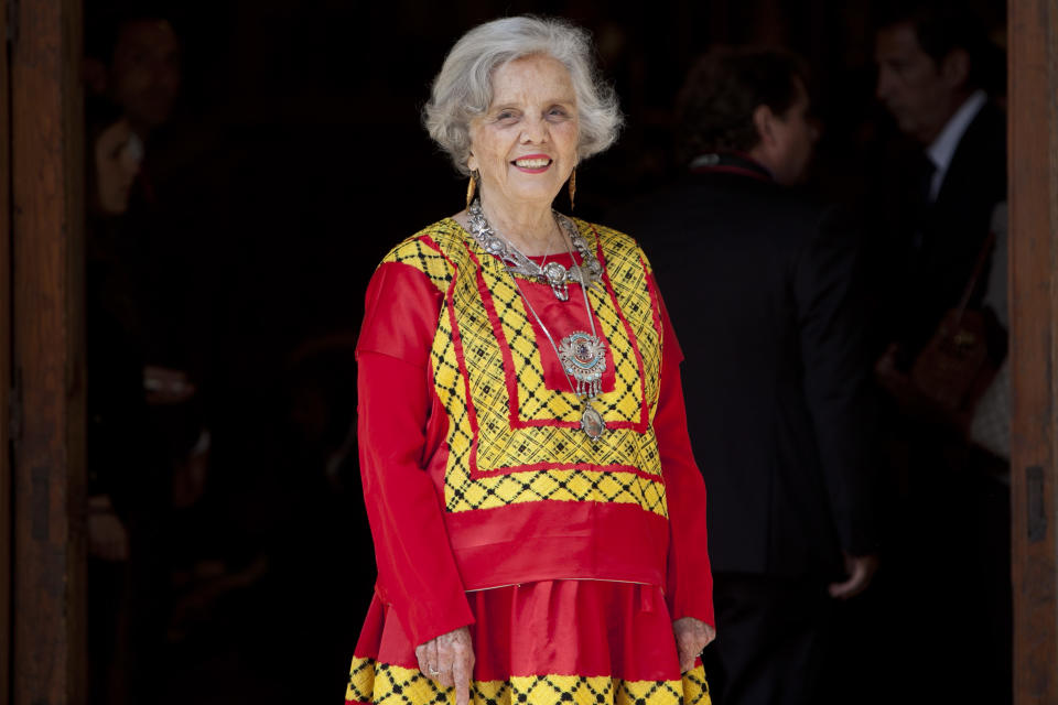 Mexican writer Elena Poniatowska, winner of the Cervantes prize, poses on her arrival at the University of Alcala de Henares for the Cervantes Prize award ceremony, in Alcala de Henares, Spain, on Wednesday, April 23, 2014. The Cervantes prize is the Spanish-speaking world's top literary honor. (AP Photo/Abraham Caro Marin)