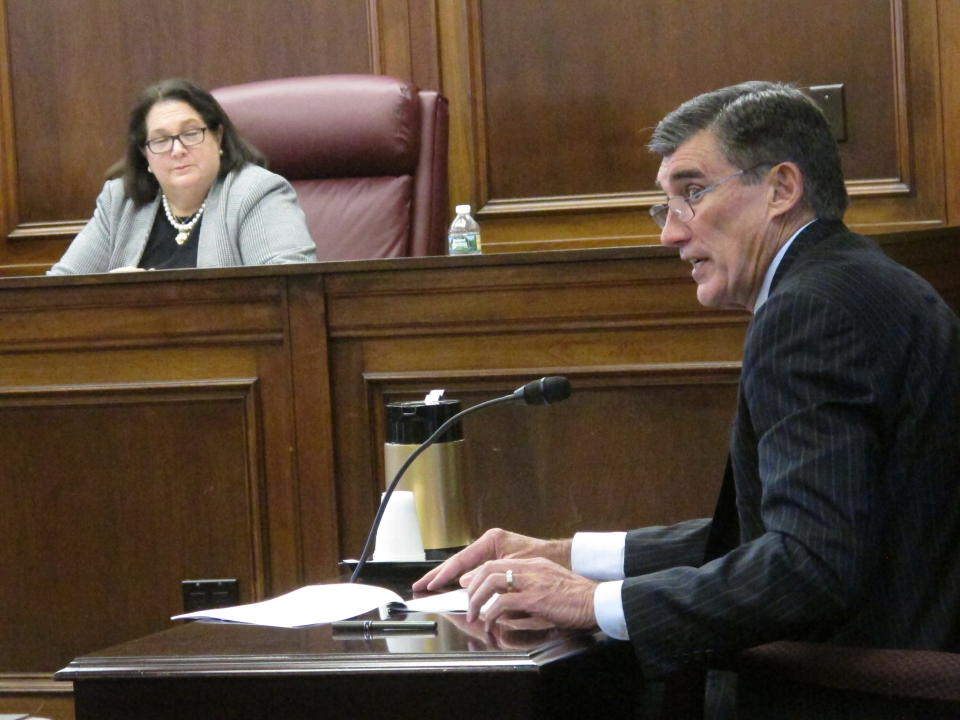 Gary Carano, chairman and CEO of Eldorado Resorts, testifies Sept. 12, 2018 before the New Jersey Casino Control Commission in Atlantic City, N.J. about the company's plans for the Tropicana casino in Atlantic City, which it is in the process of buying. (AP Photo/Wayne Parry)