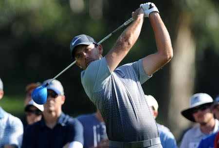 February 20, 2016; Pacific Palisades, CA, USA; Charl Schwartzel hits from the second hole tee during the third round of the Northern Trust Open golf tournament at Riviera Country Club. Mandatory Credit: Gary A. Vasquez-USA TODAY Sports