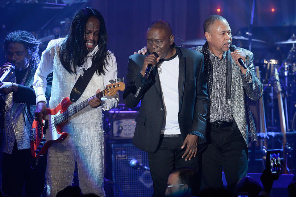 BEVERLY HILLS, CA - FEBRUARY 14:  (L-R) Recording artists Verdine White, Philip Bailey, and Ralph Johnson of music group Earth, Wind & Fire perform onstage during the 2016 Pre-GRAMMY Gala and Salute to Industry Icons honoring Irving Azoff at The Beverly Hilton Hotel on February 14, 2016 in Beverly Hills, California.  (Photo by Kevork Djansezian/Getty Images for NARAS)