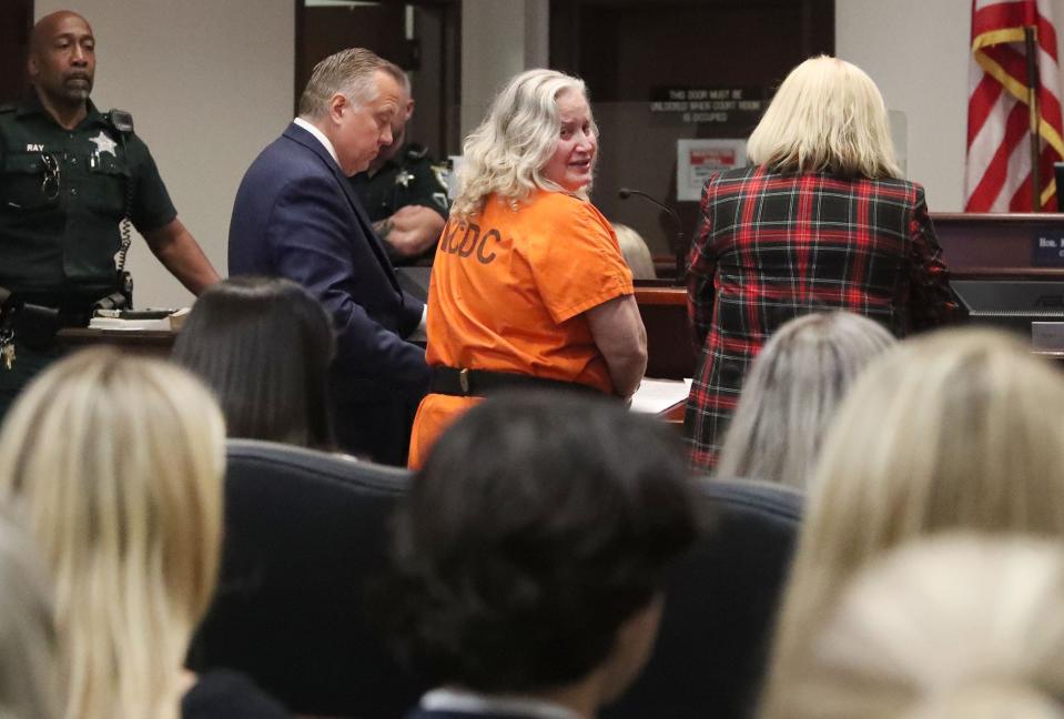 Tammy 'Sunny' Sytch looks back at the family members of Julian Lasseter on Monday November 27, 2023 during her sentencing in Daytona Beach. Sytch was driving drunk when her car crashed into Lasseter's vehicle in Ormond Beach in March 2022, killing him.